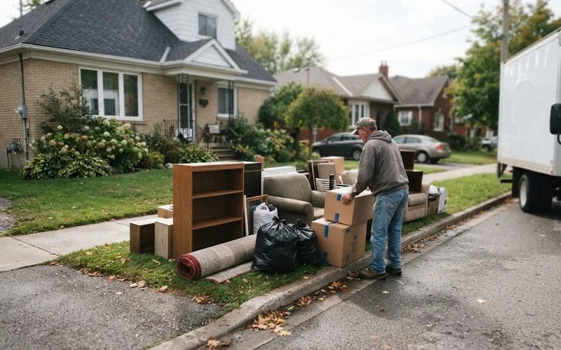 A driveway with sorted junk removal piles ready for pickup, showing furniture and boxes organized for a residential cleanout crew